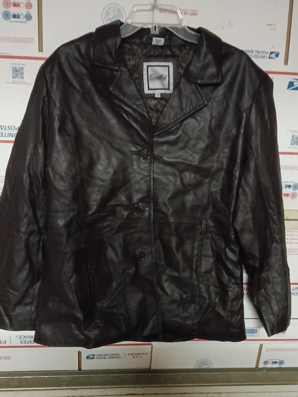Excelled Size L Black Real Leather Button Front Jacket (SKU A 192)
